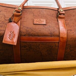 Patricia Nash Brown Map-Print Travel Duffel with Tan Leather Trim